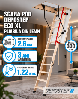 Scara pod DEPOSTEP ECO XL chepeng pod pliabil din lemn, maner telescopic, H max 330 cm
