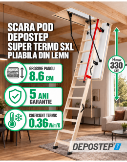Scara pod DEPOSTEP SUPER TERMO SXL chepeng pod pliabil din lemn, maner telescopic, H max 330 cm