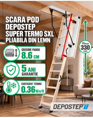 Scara pod DEPOSTEP SUPER TERMO SXL chepeng pod pliabil din lemn, maner telescopic, H max 330 cm