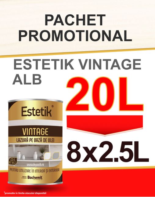 PACHET PROMO Lazura lemn ESTETIK VINTAGE ALB, 8x2.5L