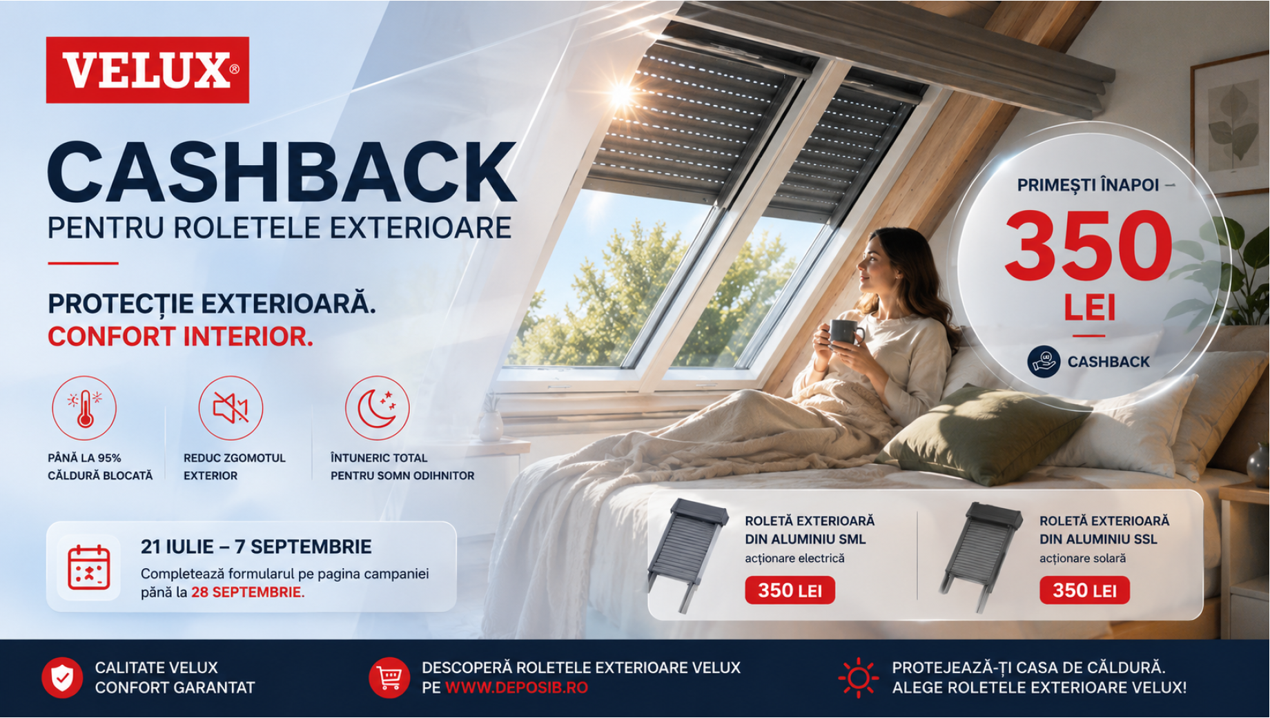 Roleta exterioara VELUX – Cashback 350 lei | Protectie impotriva caldurii