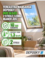 Fereastra mansarda DEPOSKY DUO GLASS 2 sticle, lemn, maner jos