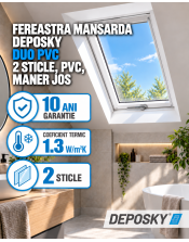 Fereastra mansarda DEPOSKY DUO PVC, 2 sticle, maner jos