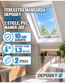 Fereastra mansarda DEPOSKY DUO PVC, 2 sticle, maner jos