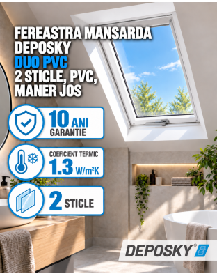 Fereastra mansarda DEPOSKY DUO PVC, 2 sticle, maner jos