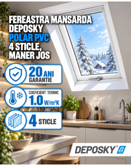 Fereastra mansarda DEPOSKY POLAR PVC, 4 sticle, maner jos