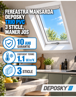 Fereastra mansarda DEPOSKY TRIO PVC 3 sticle, maner jos