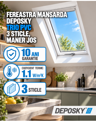 Fereastra mansarda DEPOSKY TRIO PVC 3 sticle, maner jos