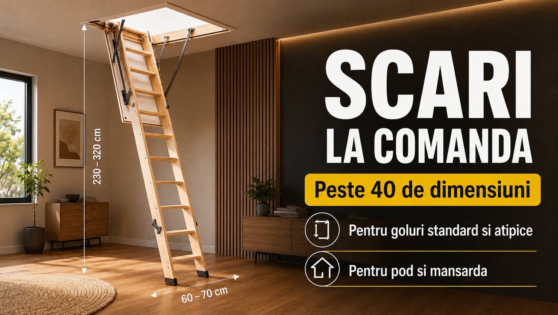 Scari la comanda pentru pod si mansarda. Ai un gol atipic? Alege din peste 40 de dimensiuni!