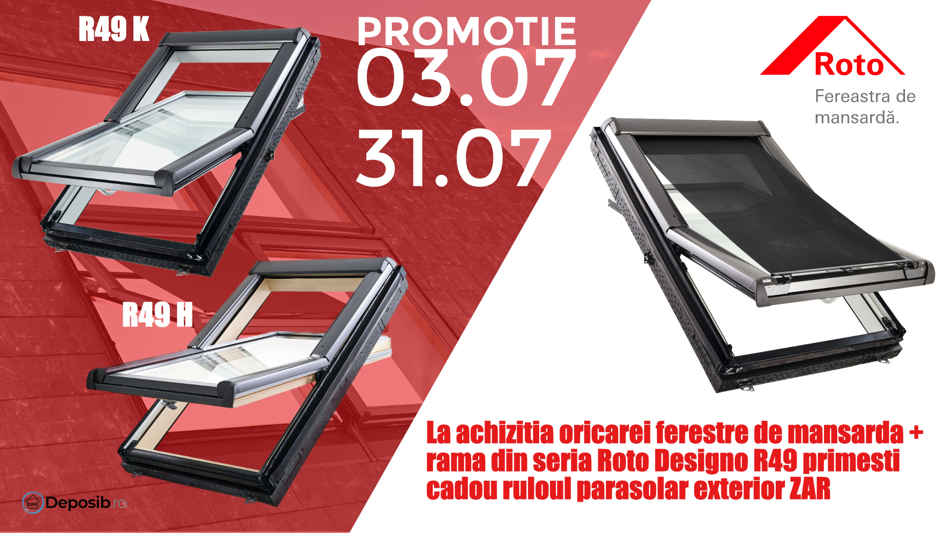 Promotie  "Rulou exterior parasolar cadou Roto ZAR" la achizitia de ferestre de mansarda Roto Designo R49