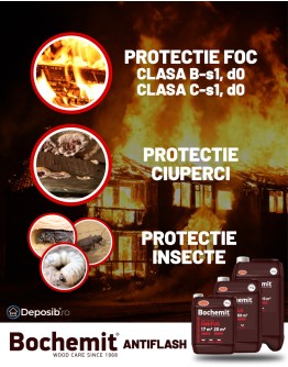 Solutie ignifugare lemn Bochemit Antiflash 5Kg, transparent, concentrat, 17m2 clasa B-s1,d0, 20m2 clasa C-s1,d0, protectie insecte si ciuperci