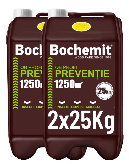 Solutie protectie preventiva lemn Bochemit QB Profi 2x25Kg, galben, concentrat, 2500m2 anti insecte, ciuperci si mucegai. Uz Industrial.