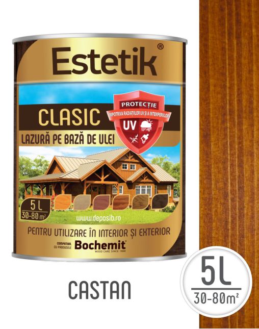 Lazura lemn ESTETIK CLASIC 5L CASTAN, protectie UV