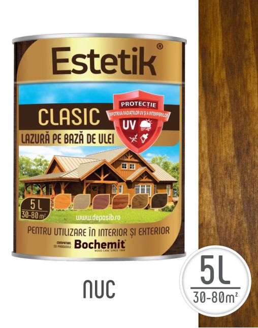 Lazura lemn ESTETIK CLASIC 5L NUC, protectie UV