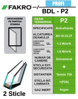 Fereastra mansarda verticala pentru atic FAKRO BDL-P2, lemn de pin, 2 sticle, deschidere stanga