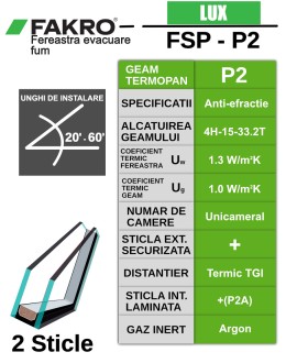 Fereastra mansarda pentru evacuare fum FAKRO FSP-P2, lemn de pin, 2 sticle