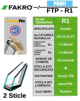 Fereastra de mansarda FAKRO FTP R1, lemn de pin, 2 sticle