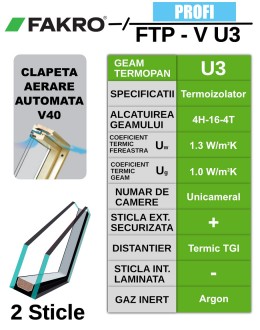 Fereastra mansarda FAKRO FTP-V U3, lemn de pin, 2 sticle