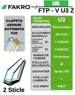Fereastra mansarda actionata electric FAKRO FTP-V U3 Z-Wave, lemn de pin, 2 sticle, senzor de ploaie