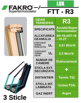 Fereastra mansarda cu izolare fonica FAKRO FTT R3, lemn de pin, 3 sticle