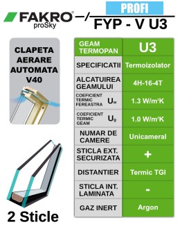 Fereastra mansarda superinalta FAKRO FYP-V U3 proSky, lemn de pin, 2 sticle