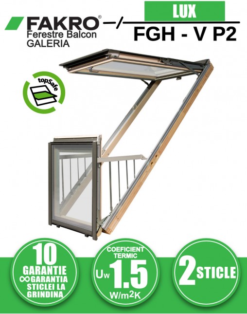 Fereastra mansarda balcon FAKRO FGH-V P2, lemn de pin, 2 sticle