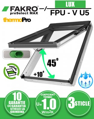 Fereastra mansarda cu rama de etansare, dubla deschidere FAKRO FPU-V U5 preSelect Max, din lemn vopsit alb 3 sticle 55x78