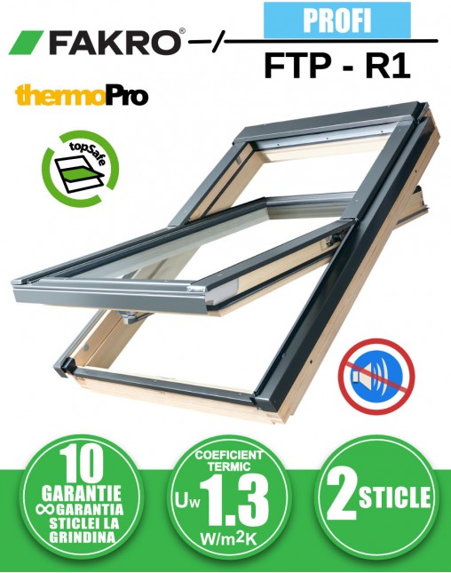 Fereastra de mansarda FAKRO FTP R1, lemn de pin, 2 sticle