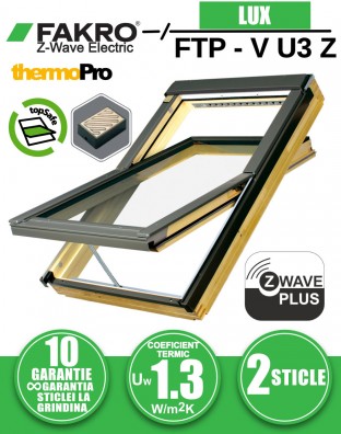 Fereastra mansarda actionata electric FAKRO FTP-V U3 Z-Wave, lemn de pin, 2 sticle, senzor de ploaie