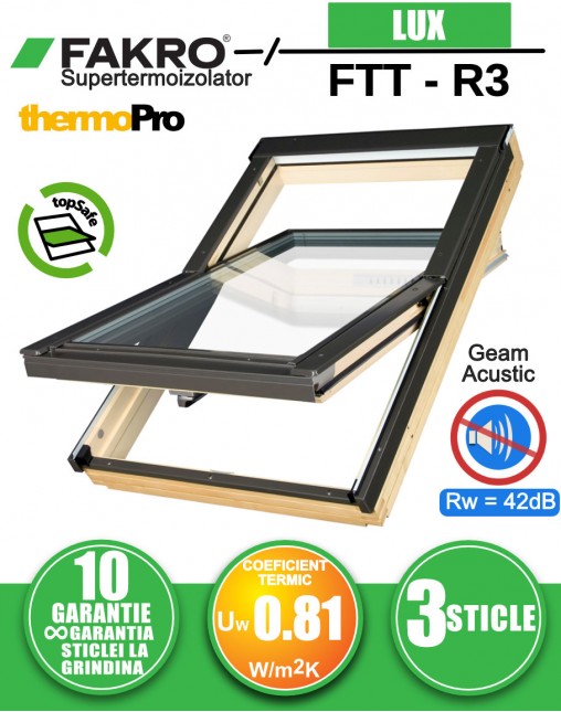 Fereastra mansarda cu izolare fonica FAKRO FTT R3, lemn de pin, 3 sticle