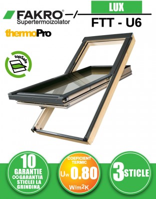 Fereastra mansarda supertermoizolatoare FAKRO FTT-U6 Thermo, lemn de pin, 3 sticle