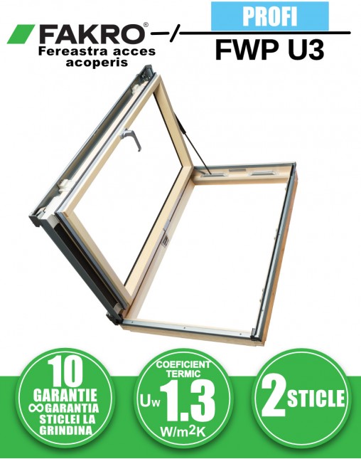Fereastra mansarda acces acoperis FAKRO FWP U3, lemn de pin, 2 sticle