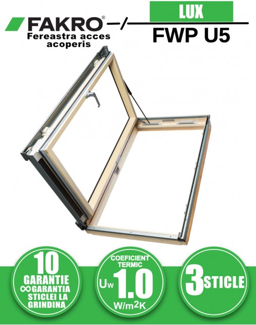 Fereastra mansarda acces acoperis FAKRO FWP U5, lemn de pin, 3 sticle