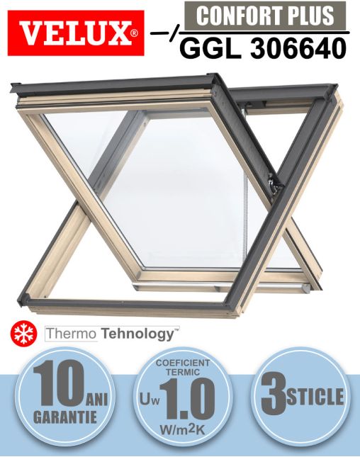 Fereastra mansarda VELUX GGL 306640, evacuare fum, lemn de pin, 3 sticle