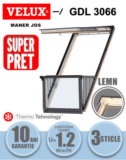 Fereastra mansarda balcon VELUX GDL 3066 CABRIO, lemn de pin, 3 sticle