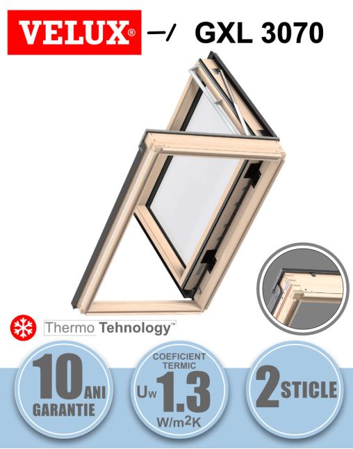 Fereastra mansarda VELUX GXL 3070, acces acoperis, lemn de pin, 2 sticle, 66x118