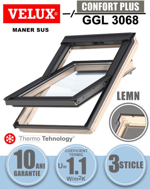 Fereastra mansarda VELUX GGL 3068, lemn de pin, 3 sticle, maner sus