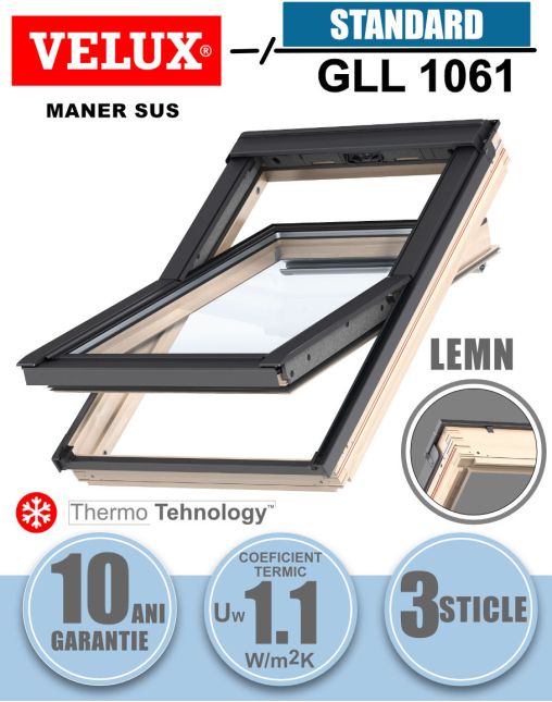 Fereastra mansarda Velux GLL 1061, lemn de pin, 3 sticle, maner sus