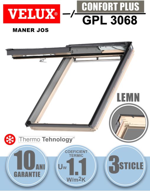 Fereastra mansarda VELUX GPL 3068, dubla deschidere, lemn de pin, 3 sticle