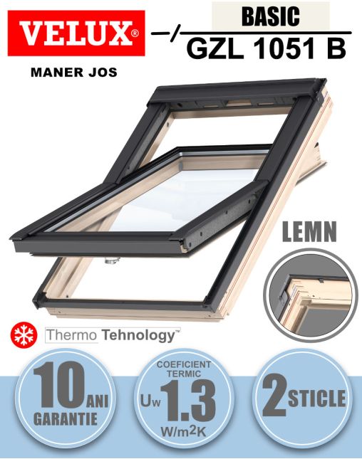 Fereastra mansarda VELUX GZL 1051B, lemn, 2 sticle, maner jos