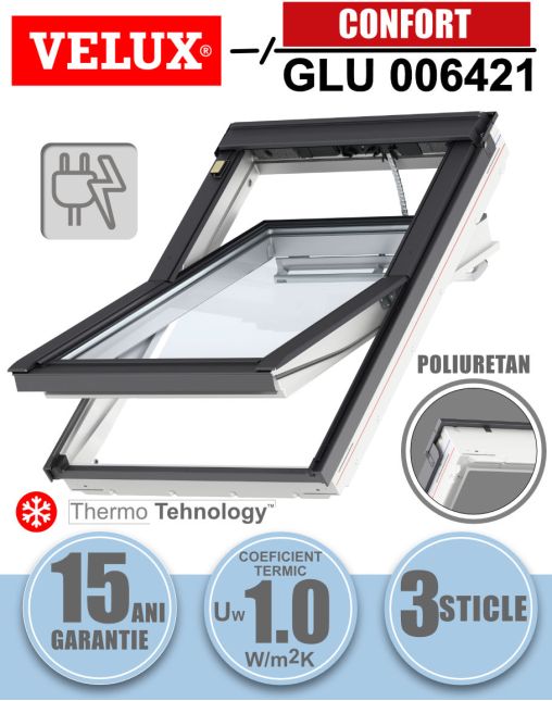 Fereastra mansarda VELUX GLU 006421, electrica, poliuretan, 3 sticle