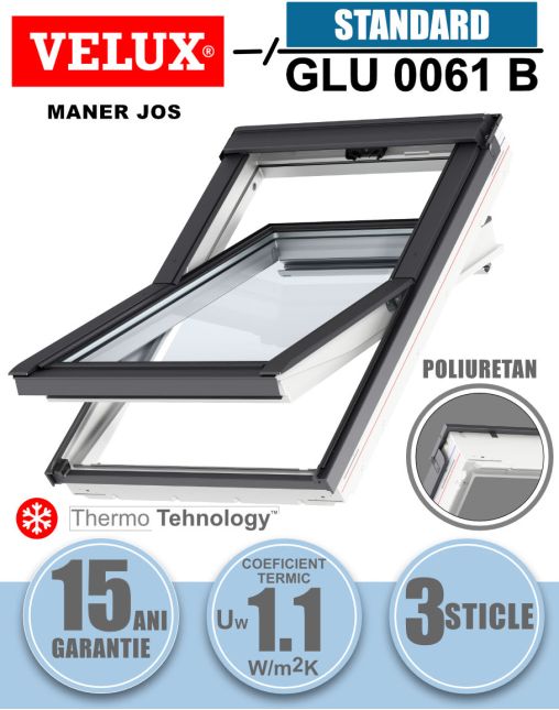 Fereastra mansarda VELUX GLU 0061B, poliuretan, 3 sticle, maner jos