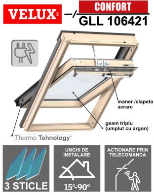 Fereastra mansarda VELUX GLL 106421, actionare electrica, lemn, 3 sticle