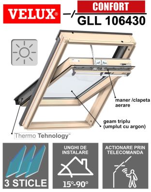 Fereastra mansarda VELUX GLL 106430 actionare solara, lemn, 3 sticle