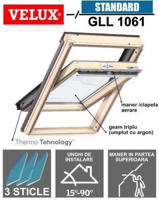Fereastra mansarda Velux GLL 1061, lemn de pin, 3 sticle, maner sus