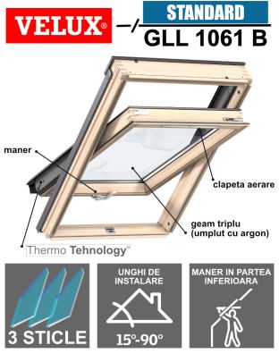Fereastra mansarda VELUX GLL 1061B, lemn, 3 sticle, maner jos