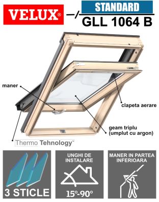 Fereastra mansarda VELUX GLL 1064 B, lemn pin, maner jos