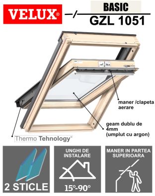 Fereastra mansarda VELUX GZL 1051 lemn pin, 2 sticle, maner sus