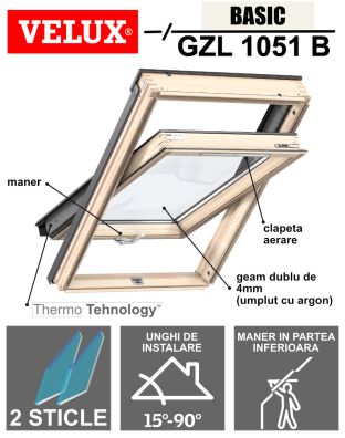 Fereastra mansarda VELUX GZL 1051B, lemn, 2 sticle, maner jos