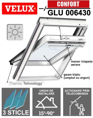 Fereastra mansarda VELUX GLU 006430, solara, poliuretan, 3 sticle